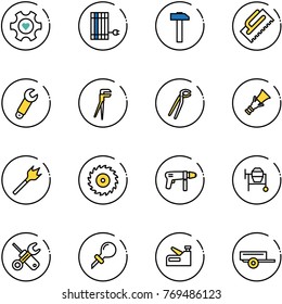 line vector icon set - heart gear vector, sun panel, hammer, trowel, wrench, plumber, dowel, wood drill, saw disk, machine, cocncrete mixer, screwdriver, oiler, stapler, trailer