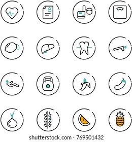 line vector icon set - heart pulse vector, patient card, tonometer, floor scales, lemon, liver, tooth, push ups, abdominal muscles, weight, banana, eggplant, onion, spica, watermelone, pineapple