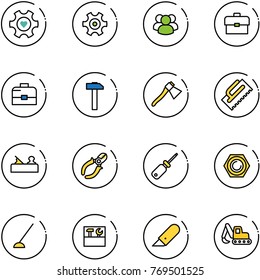line vector icon set - heart gear vector, group, portfolio, case, hammer, axe, trowel, jointer, side cutters, screwdriver, nut, hoe, tool box, work knife, excavator toy