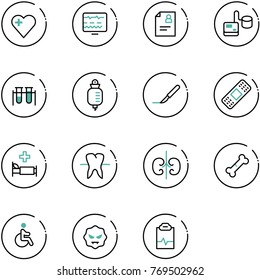 line vector icon set - heart vector, diagnostic monitor, patient card, tonometer, vial, drop counter, scalpel, medical patch, hospital bed, tooth, kidneys, broken bone, disabled, virus
