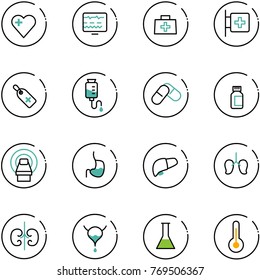 line vector icon set - heart vector, diagnostic monitor, doctor bag, first aid room, medical label, drop counter, pills, bottle, mri, stomach, liver, lungs, kidneys, bladder, flask, thermometer