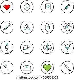 line vector icon set - heart vector, apple, first aid room, syringe, thermometer, pills, drop counter, gear, carrot, liver, kidneys, bladder, tooth brush, doctor hat, forceps
