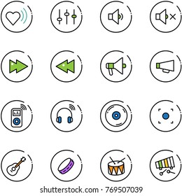 line vector icon set - heart beat vector, settings, low volume, off, fast forward, backward, loudspeaker, music player, wireless headphones, cd, record button, guitar, tambourine, drum, xylophone