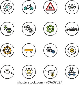 line vector icon set - heart gear vector, bike, road for moto sign, gears, limousine, hand wheel, skateboard, saw disk, jack, wheelbarrow, car toy