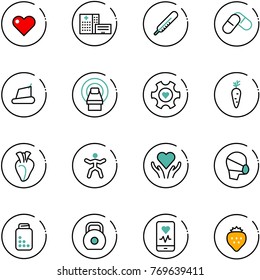line vector icon set - heart vector, hospital building, thermometer, pills, treadmill, mri, gear, carrot, gymnastics, care, medical mask, bottle, weight, mobile monitor, strawberry