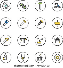 line vector icon set - heart gear vector, work, conveyor, wrench, hammer, screw, crown drill, tile, machine, cocncrete mixer, winch, welding