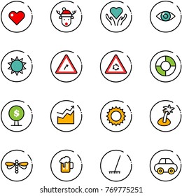 line vector icon set    heart vector  christmas deer hat  care  eye  sun  turn right road sign  round motion  circle chart  money tree  growth  palm  dragonfly  beer  rake  car