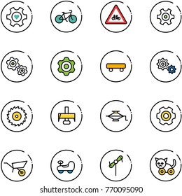 line vector icon set - heart gear vector, bike, road for moto sign, gears, skateboard, saw disk, milling cutter, jack, wheelbarrow, baby car, toy windmill, cat