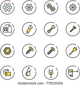 line vector icon set - heart gear vector, plant, wrench, screw, nut, wood drill, machine tool, winch, laser lever