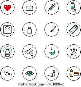 line vector icon set - heart vector, doctor bag, syringe, drop counter, floor scales, pills bottle, scalpel, medical patch, mri, three leafs, stomach, gymnastics, abdominal muscles, eye, hand