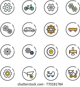 line vector icon set - heart gear vector, bike, gears, limousine, hand wheel, skateboard, saw disk, milling cutter, wheelbarrow, baby car, toy cat