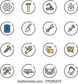 line vector icon set - heart gear vector, work, conveyor, casting of steel, battery, trowel, wrench, nail dowel, screw, Angular grinder, machine tool, jig saw, hammer, trailer, sharpening