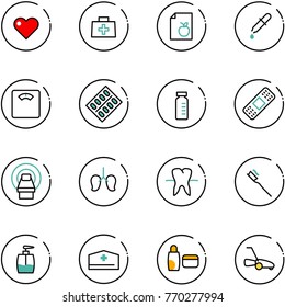 line vector icon set - heart vector, doctor bag, diet list, pipette, floor scales, pills blister, vial, medical patch, mri, lungs, tooth, brush, liquid soap, hat, uv cream, lawn mower