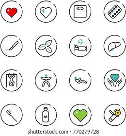 line vector icon set - heart vector, floor scales, pills blister, scalpel, three leafs, hospital bed, liver, pull ups, gymnastics, abdominal muscles, care, tooth brush, milk, Angular grinder