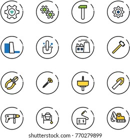line vector icon set - heart gear vector, work, water power plant, casting of steel, sledgehammer, side cutters, screw, crown drill, tile, machine, cocncrete mixer, welding, excavator toy