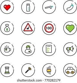 line vector icon set - heart vector, vial, push ups, eggplant, money bag, wild animals road sign, speed limit 100, hot tea, manager, document, megaphone, chess tower, screw, allen key set, car