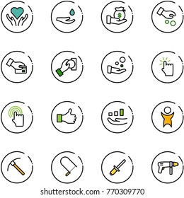 line vector icon set - heart care vector, drop hand, investment, card pay, cash, touch, cursor, like, growth, success, rock axe, fretsaw, clinch, drill machine