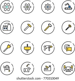 line vector icon set - heart gear vector, conveyor, plant, hammer, sledgehammer, screw, wood drill, crown, machine, tool, cocncrete mixer, welding, stapler, sharpening