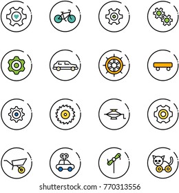 line vector icon set - heart gear vector, bike, limousine, hand wheel, skateboard, saw disk, jack, wheelbarrow, car toy, windmill, cat