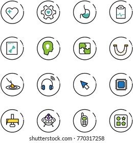 line vector icon set - heart vector, gear, stomach, pulse clipboard, x ray, head bulb, puzzle, luck, fishing, wireless headphones, cursor, cpu, milling cutter, ufo toy, phone, cube hole