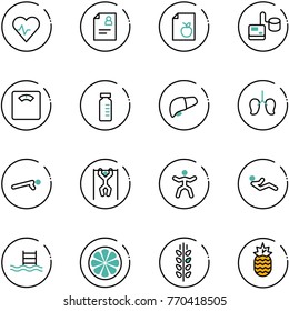 line vector icon set - heart pulse vector, patient card, diet list, tonometer, floor scales, vial, liver, lungs, push ups, pull, gymnastics, abdominal muscles, pool, lemon slice, spica, pineapple