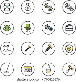 line vector icon set - heart gear vector, money bag, gears, group, office chair, case, measuring tape, screw, saw disk, rake, generator, brush, toy hammer