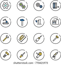 line vector icon set - heart gear vector, sun panel, conveyor, hammer, oil derrick, plant, sledgehammer, trowel, screwdriver, nail, bolt, clinch, Angular grinder, gun sealant