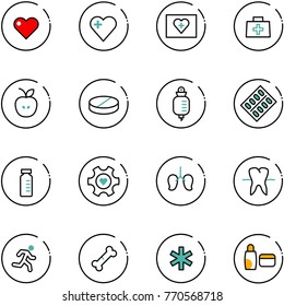 line vector icon set - heart vector, first aid kit, doctor bag, apple, pill, drop counter, pills blister, vial, gear, lungs, tooth, run, broken bone, ambulance star, uv cream