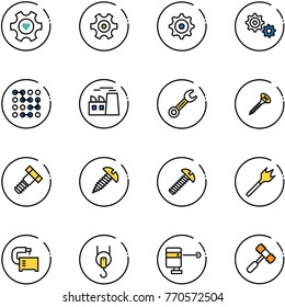 line vector icon set - heart gear vector, circuit, plant, wrench, screw, bolt, wood drill, machine tool, winch, laser lever, toy hammer