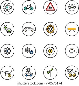 line vector icon set - heart gear vector, bike, road for moto sign, limousine, hand wheel, skateboard, saw disk, jack, wheelbarrow, car toy, windmill, cat