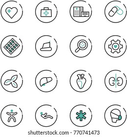 line vector icon set - heart vector, doctor bag, hospital building, pills, blister, treadmill, bacteria, gear, three leafs, liver, kidneys, gymnastics, abdominal muscles, ambulance star