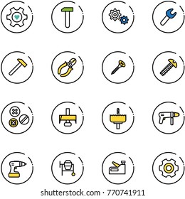 line vector icon set - heart gear vector, work, wrench, hammer, side cutters, screw, rivet, milling cutter, crown drill, machine, cocncrete mixer, stapler