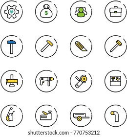 line vector icon set - heart gear vector, money bag, group, portfolio, hammer, work knife, nail, milling cutter, drill machine, Angular grinder, tool box, winch, stapler, trailer, allen key