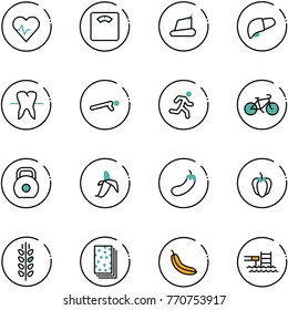 line vector icon set - heart pulse vector, floor scales, treadmill, liver, tooth, push ups, run, bike, weight, banana, eggplant, sweet pepper, spica, breads, pool