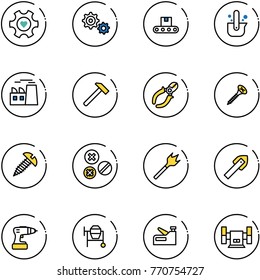 line vector icon set - heart gear vector, conveyor, casting of steel, plant, hammer, side cutters, screw, rivet, wood drill, tile, cocncrete mixer, stapler, sharpening