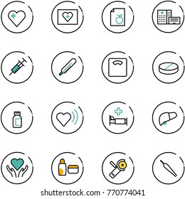 line vector icon set - heart vector, first aid kit, diet list, hospital building, syringe, thermometer, floor scales, pill, pills bottle, beat, bed, liver, care, uv cream, Angular grinder, forceps