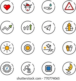 line vector icon set - heart vector, christmas deer hat, drop hand, turn right road sign, growth arrow, arrows up, paper fly, sun, palm, flip flops, power, satellite, cpu, moon lamp