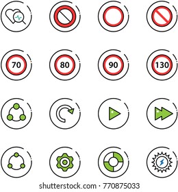 line vector icon set - heart diagnosis vector, prohibition road sign, speed limit 70, 80, 90, 130, social, redo, play, fast forward, community, gear, circle chart, sun power