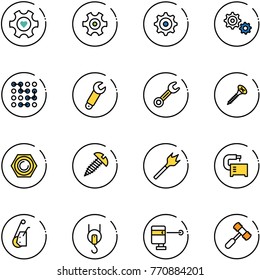 line vector icon set - heart gear vector, circuit, wrench, screw, nut, wood drill, machine tool, winch, laser lever, toy hammer