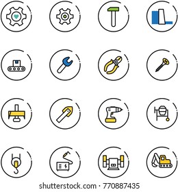 line vector icon set - heart gear vector, work, water power plant, conveyor, wrench, side cutters, screw, milling cutter, tile drill, cocncrete mixer, winch, welding, sharpening, excavator toy