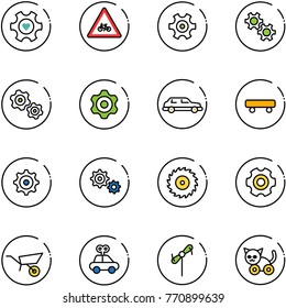 line vector icon set - heart gear vector, road for moto sign, gears, limousine, skateboard, saw disk, wheelbarrow, car toy, windmill, cat