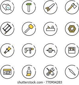 line vector icon set - heart diagnosis vector, work, saw, axe, bucksaw, rubber hammer, jointer, nut, dowel, drill machine, jack, tool box, generator, brush, wrench screwdriver, forceps