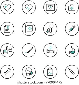 line vector icon set - heart vector, pulse, first aid kit, doctor bag, patient card, room, stethoscope, syringe, tonometer, scalpel, hospital bed, stomach, broken bone, medical mask, clipboard