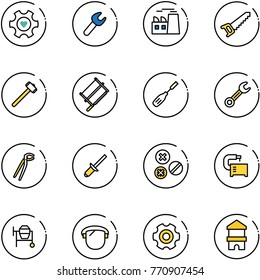 line vector icon set - heart gear vector, wrench, plant, saw, sledgehammer, bucksaw, chisel, plumber, clinch, rivet, machine tool, cocncrete mixer, protect glass, toy block house