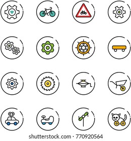 line vector icon set - heart gear vector, bike, road for moto sign, gears, hand wheel, skateboard, saw disk, jack, wheelbarrow, car toy, baby, windmill, cat