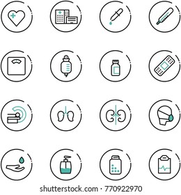 line vector icon set - heart vector, hospital building, pipette, thermometer, floor scales, drop counter, pills bottle, medical patch, mri, lungs, kidneys, mask, hand, liquid soap, pulse clipboard