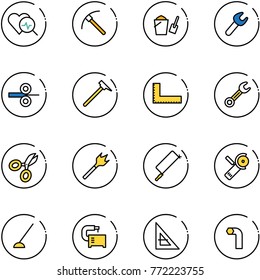 line vector icon set - heart diagnosis vector, rock axe, bucket scoop, wrench, steel rolling, mason hammer, corner ruler, scissors, wood drill, metal hacksaw, Angular grinder, hoe, machine tool