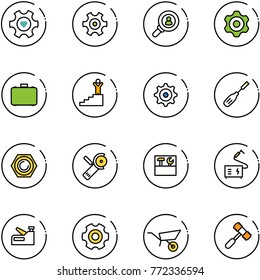 line vector icon set - heart gear vector, head hunter, case, success, chisel, nut, Angular grinder, tool box, welding, stapler, wheelbarrow, toy hammer