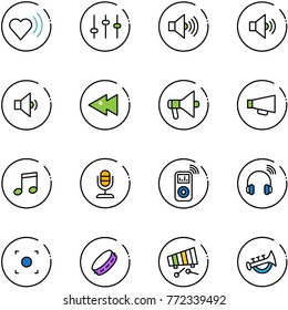 line vector icon set - heart beat vector, settings, volume max, medium, low, fast backward, loudspeaker, music, microphone, player, wireless headphones, record button, tambourine, xylophone