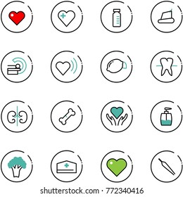 line vector icon set - heart vector, vial, treadmill, mri, beat, lemon, tooth, kidneys, broken bone, care, liquid soap, broccoli, doctor hat, forceps